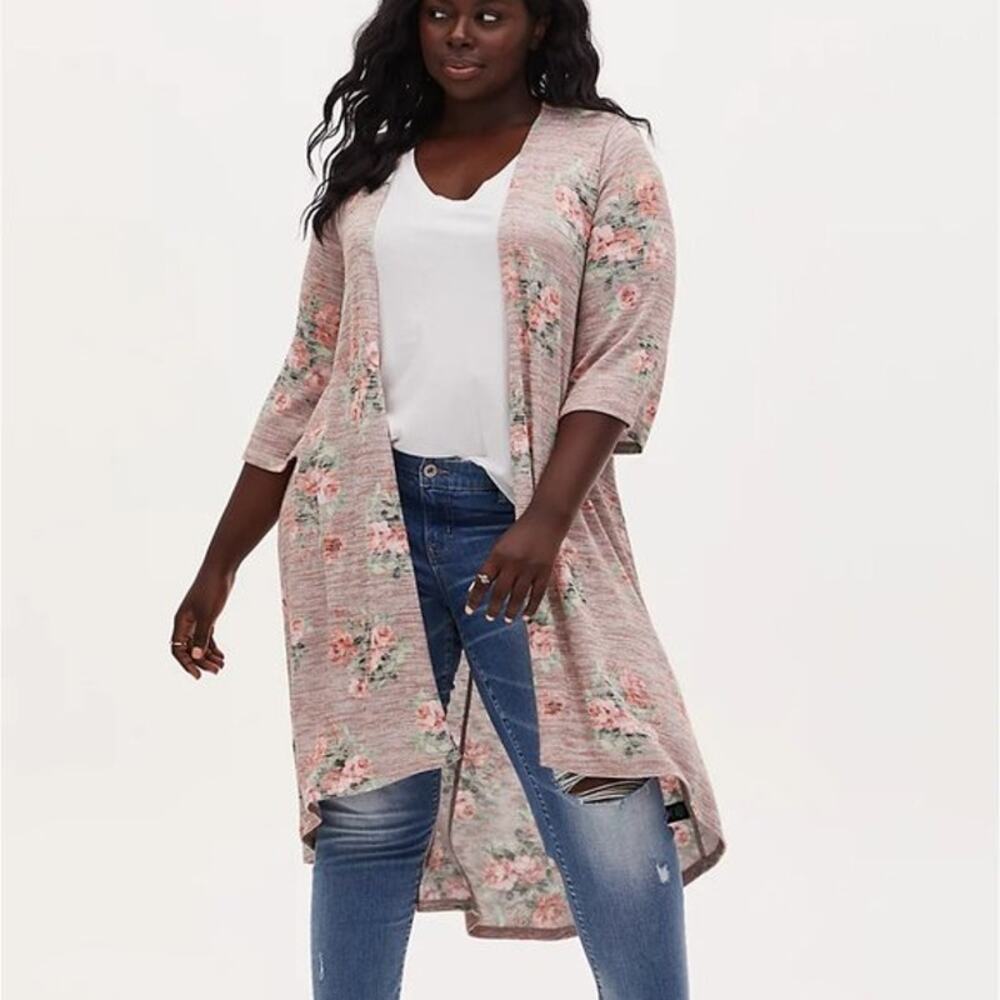 Torrid Womens Floral Longline Cardian Sweater Plus Size 1X Open Front Duster